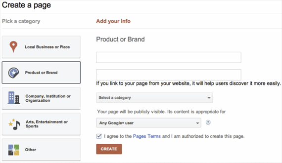 create google+ pages
